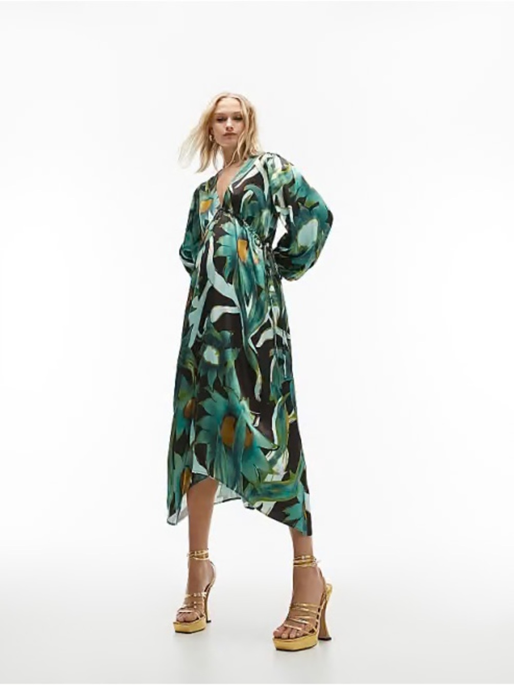 Topshop Green Floral High-Low V-Neck Midi Dress